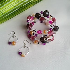 Pink and black glass beads, earrings wrap bracelet
